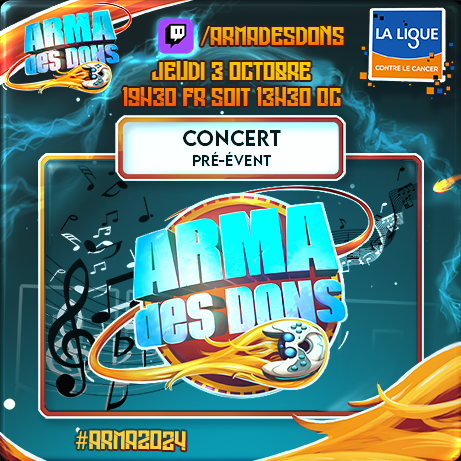 ArmaDesDons's tweet photo. L'Arma Des Dons propose un concert de pré-évent sur la chaine de l'arma des dons le jeudi 3 octobre a 19h-19h30 https://t.co/fnXBVxmATo https://t.co/QpCb0dHvM0