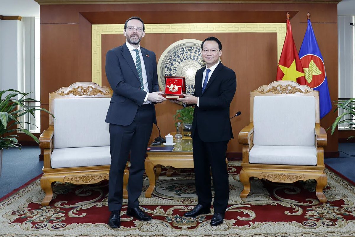 UKinVietnam's tweet photo. British Ambassador to Viet Nam, Iain Frew met with Viet Nam Minister of Natural Resources and Environment (MONRE) Do Duc Duy

Ambassador Frew highlighted the close cooperation between the British Embassy Hanoi and MONRE and emphasised that driving the net zero, climate-resilient and nature-positive transition is central to the UK - Viet Nam relationship – seen in the UK’s firm commitment to co-leading the Just Energy Transition Partnership (JETP).

Minister Do Duc Duy thanked the Ambassador for the UK’s support to Viet Nam on the issues of climate change, environmental protection, biodiversity conservation, circular economy, and disaster response. Specifically, the UK has provided £1 million in emergency funding to support Typhoon Yagi response and recovery; and £1.5m support for the JETP Secretariat.

The Minister updated the Ambassador on progress in delivering the JETP, Paris Agreement commitments, and preparation for the forthcoming COP16 and COP29 international summits. The Minister expressed his interest in closer collaboration with the UK on climate finance, environment and nature, whereby both agreed to clearly capture areas of UK - Viet Nam cooperation in an MoU.

#GREATSustainability