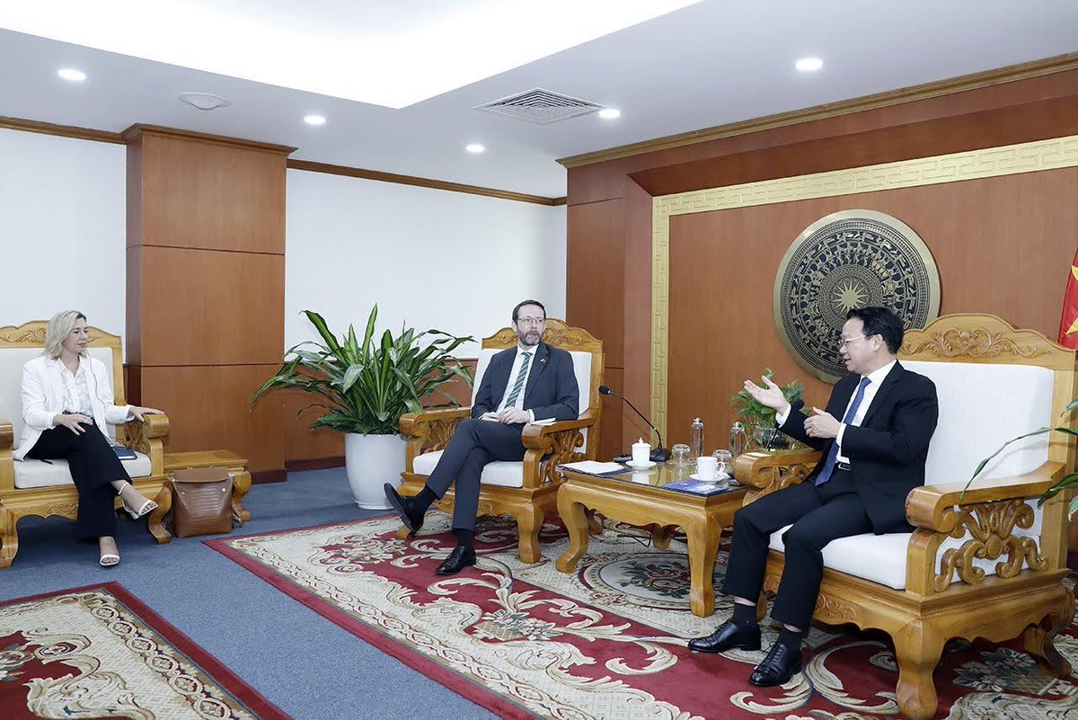 UKinVietnam's tweet photo. British Ambassador to Viet Nam, Iain Frew met with Viet Nam Minister of Natural Resources and Environment (MONRE) Do Duc Duy

Ambassador Frew highlighted the close cooperation between the British Embassy Hanoi and MONRE and emphasised that driving the net zero, climate-resilient and nature-positive transition is central to the UK - Viet Nam relationship – seen in the UK’s firm commitment to co-leading the Just Energy Transition Partnership (JETP).

Minister Do Duc Duy thanked the Ambassador for the UK’s support to Viet Nam on the issues of climate change, environmental protection, biodiversity conservation, circular economy, and disaster response. Specifically, the UK has provided £1 million in emergency funding to support Typhoon Yagi response and recovery; and £1.5m support for the JETP Secretariat.

The Minister updated the Ambassador on progress in delivering the JETP, Paris Agreement commitments, and preparation for the forthcoming COP16 and COP29 international summits. The Minister expressed his interest in closer collaboration with the UK on climate finance, environment and nature, whereby both agreed to clearly capture areas of UK - Viet Nam cooperation in an MoU.

#GREATSustainability