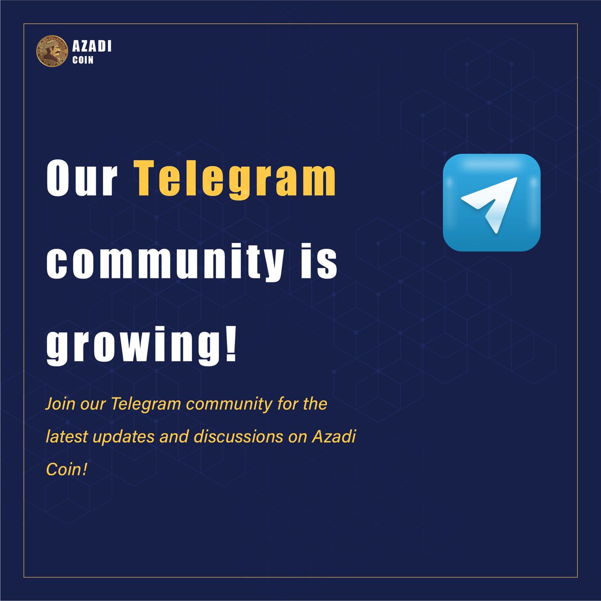Be part of our Telegram community for the latest updates and discussions on Azadi Coin:
t.me/+B2is4V3exuZiZ…

#azadicoin #crypto #Cryptocurency #trading #Altcoin #SOL #BTC