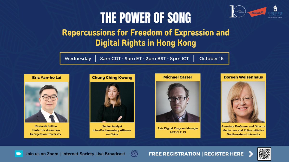 GeorgetownCAL's tweet image. Upcoming event October 16:
GCAL fellow @laiyanhoeric will join a panel of experts at @ColumbiaGFoE to discuss Hong Kong&apos;s latest use of the national security law to crackdown on free speech.

Register here: globalfreedomofexpression.columbia.edu/events/the-pow…