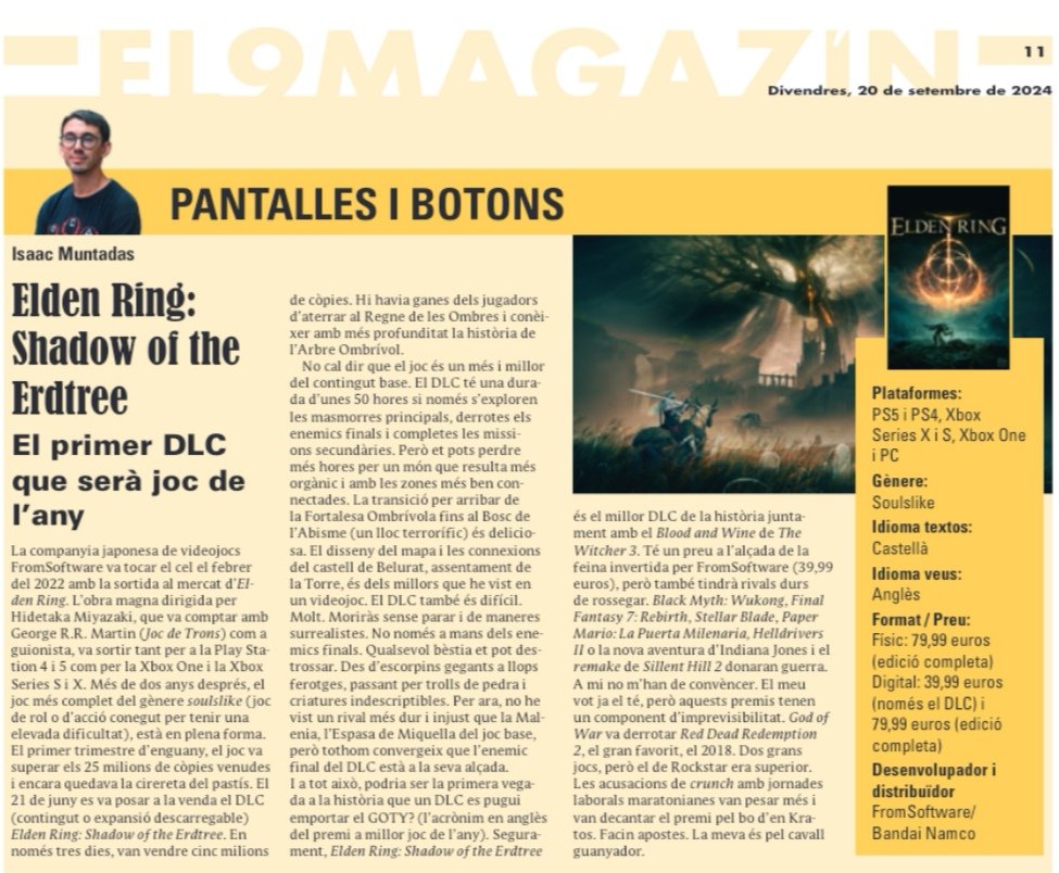 (20-09-2024) Pantalles i Botons (2) Elden Ring: Shadow of the Erdtree. El primer DLC que serà joc de l'any.