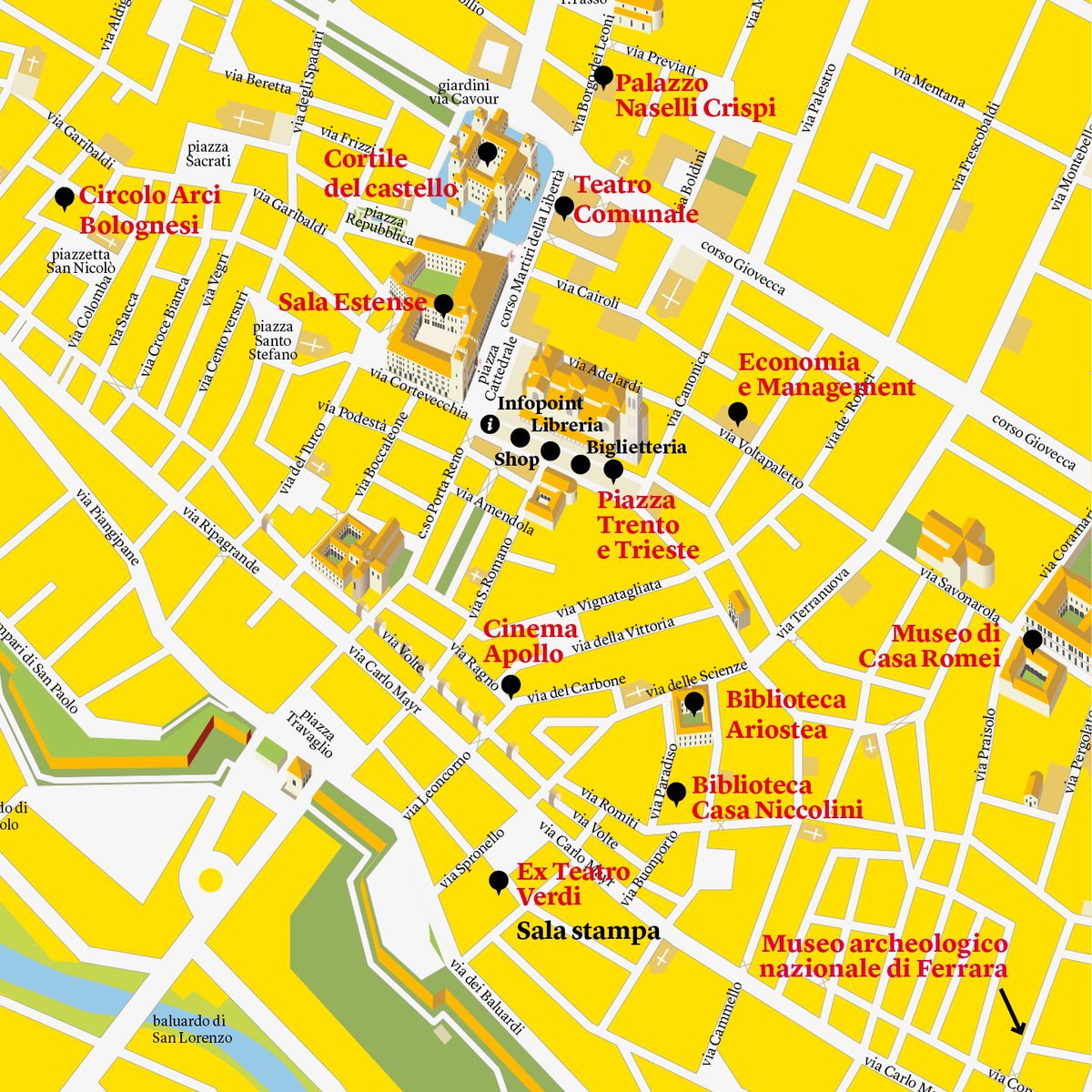 Tra pochi giorni inizia il festival di Internazionale a Ferrara. Ecco la mappa dei luoghi del festival, tutti senza barriere architettoniche e raggiungibili a piedi o in bici. Tutte le informazioni su internazionale.it/festival/luoghi