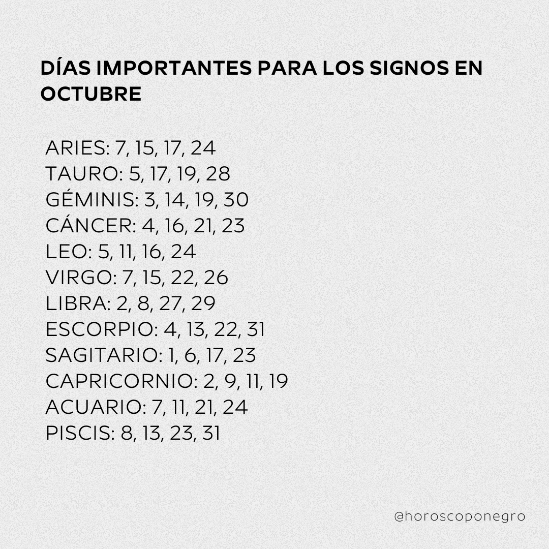 horoscoponegro's tweet photo. Días importantes para los signos en octubre 🔮 https://t.co/TRl7vJdGwF
