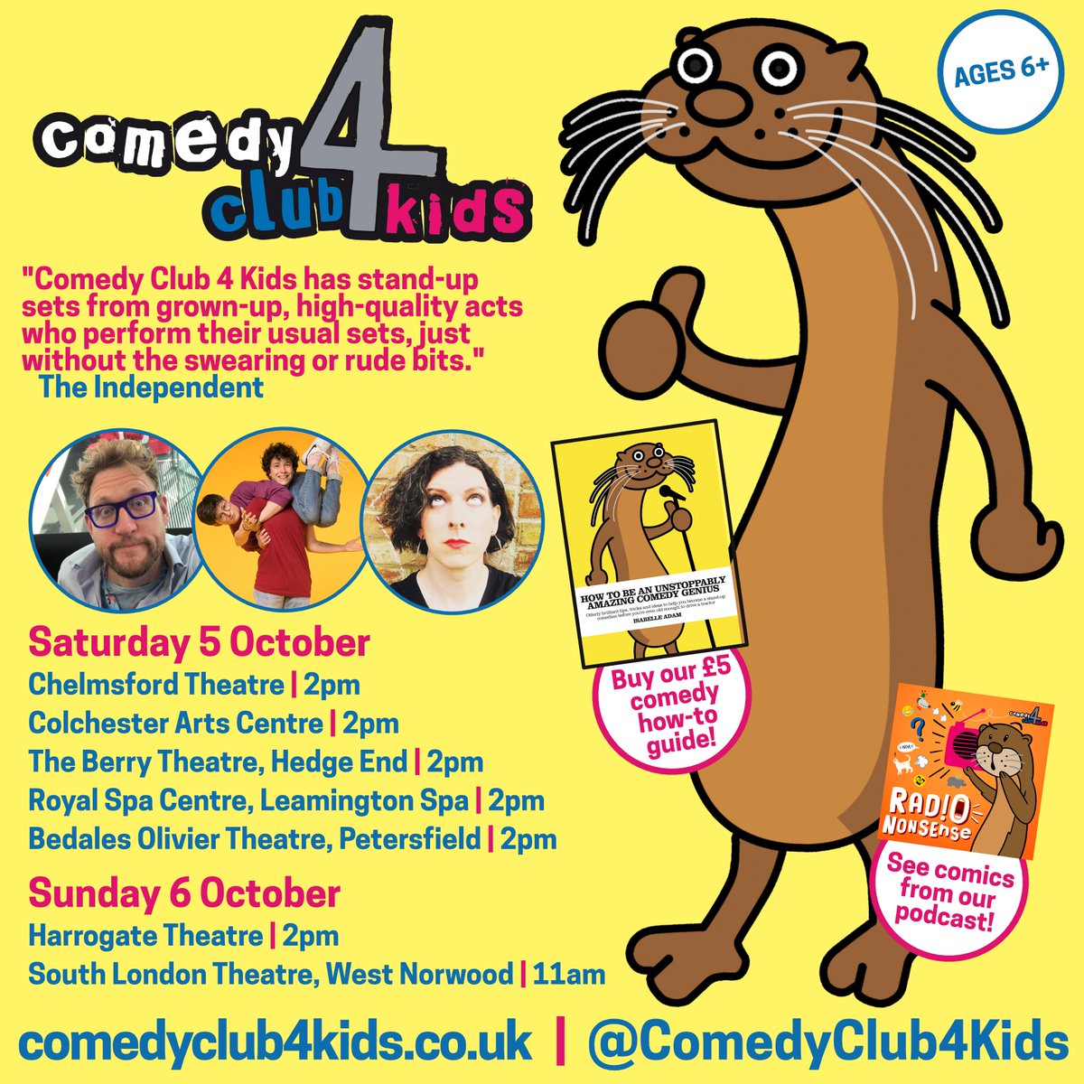 Comedy Club 4 Kids (@comedyclub4kids) on Twitter photo Got kids? Fancy a giggle? Come join us this weekend, we're gigging at:
⚡️<a href="/ChelmsTheatre/">Chelmsford Theatre</a>, <a href="/ColchesterArts/">ColchesterArtsCentre</a>, <a href="/theberrytheatre/">The Berry Theatre</a> Hedge End, <a href="/spacentre/">Royal Spa Centre & Town Hall</a> and @BedalesSchool in Petersfield on Saturday 5th October!
⚡️ <a href="/HGtheatre/">Harrogate Theatre</a> Harrogate and <a href="/SLTheatre/">South London Theatre</a> West Norwood on Sunday 6th October! Got kids? Fancy a giggle? Come join us this weekend, we're gigging at:
⚡️<a href="/ChelmsTheatre/">Chelmsford Theatre</a>, <a href="/ColchesterArts/">ColchesterArtsCentre</a>, <a href="/theberrytheatre/">The Berry Theatre</a> Hedge End, <a href="/spacentre/">Royal Spa Centre & Town Hall</a> and @BedalesSchool in Petersfield on Saturday 5th October!
⚡️ <a href="/HGtheatre/">Harrogate Theatre</a> Harrogate and <a href="/SLTheatre/">South London Theatre</a> West Norwood on Sunday 6th October!