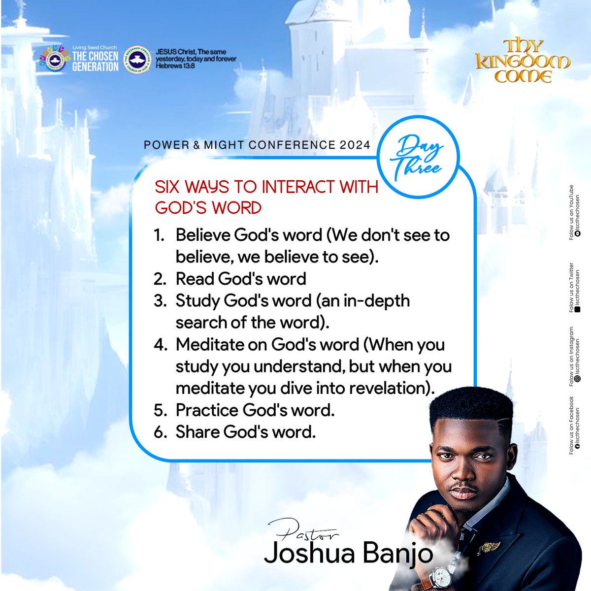 lscthechosen's tweet image. Six ways to interact with God word
1. Believe God&apos;s word.
2. Read God&apos;s word
3. Study God&apos;s word.
4. Meditate on God&apos;s word
5. Practice God&apos;s word.
6. Share God&apos;s word.

Pst. Joshua Banjo.

#PAMConference2024 #ThyKingdomCome #lscthechosen
#rccglscthechosengeneration