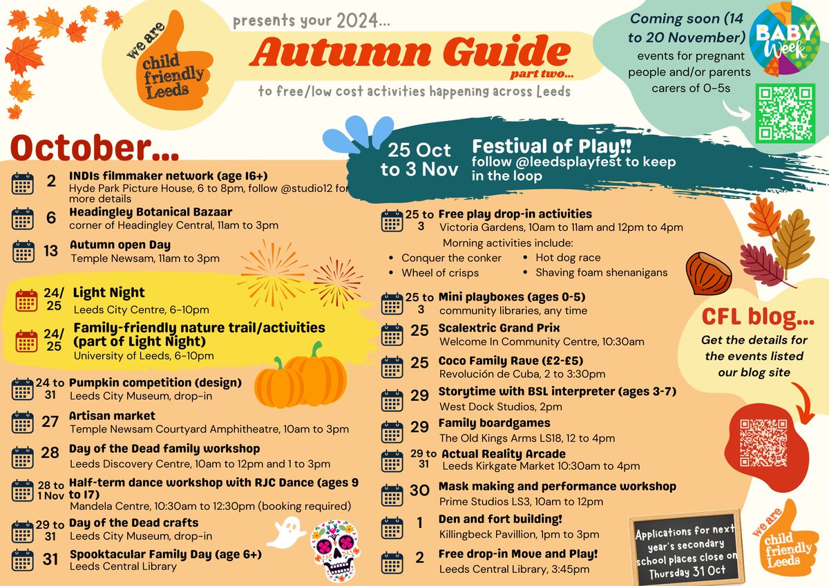 Child_Leeds's tweet photo. The Child Friendly Leeds guide to free and low cost things to do during October and the half-term. Screenshot and pass it on! 📸 #thingstodoinLeeds https://t.co/yItMlCiHj9