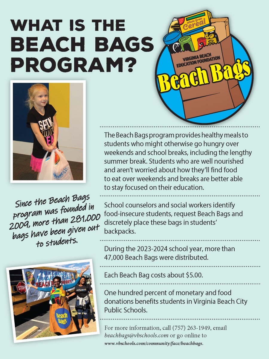 The Beach Bags program provides shelf-stable meals and healthy snacks to students who might otherwise go hungry during weekends and over school breaks, including the long summer breaks. During the 23/24 school year, 47k bags were distributed to VBCPS Students. Help us help them.