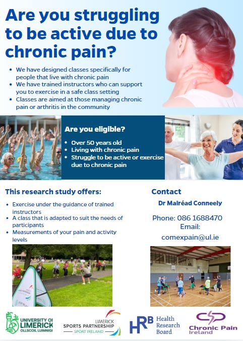 Karen McCreesh (@mccreesh_karen) on Twitter photo Our ComExPain (Community based exercise for chronic pain) study is open for recruitment! Calling 50+ Limerick struggling to be active due to chronic pain. Contacts below. Spread the word with family or patients <a href="/Limericksports/">Limerick Sports</a> <a href="/ChronicPainIRL/">Chronic Pain Ireland. RCN 20028022</a> <a href="/hrbireland/">HealthResearchBoard</a> <a href="/AlliedHealthUL/">School of Allied Health</a> <a href="/ARC_UL/">ARC: Ageing Research Centre University of Limerick</a> Our ComExPain (Community based exercise for chronic pain) study is open for recruitment! Calling 50+ Limerick struggling to be active due to chronic pain. Contacts below. Spread the word with family or patients <a href="/Limericksports/">Limerick Sports</a> <a href="/ChronicPainIRL/">Chronic Pain Ireland. RCN 20028022</a> <a href="/hrbireland/">HealthResearchBoard</a> <a href="/AlliedHealthUL/">School of Allied Health</a> <a href="/ARC_UL/">ARC: Ageing Research Centre University of Limerick</a>