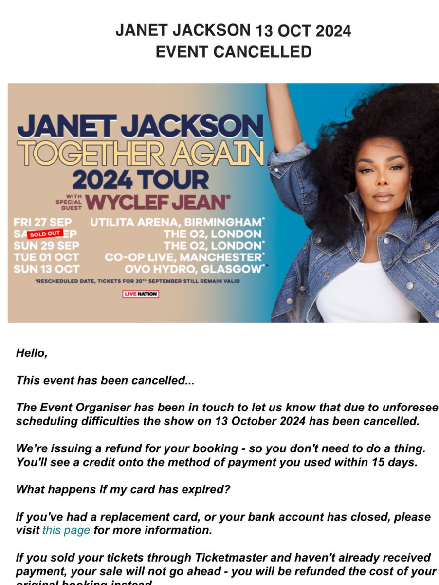 Been looking forward to this gig for months! Why cancel on just us Glasgow crowd <a href="/JanetJackson/">Janet Jackson</a> 😭😭😭😭 Gutted 😞 Please reschedule 💕💕💕<a href="/OVOHydro/">OVO Hydro</a>