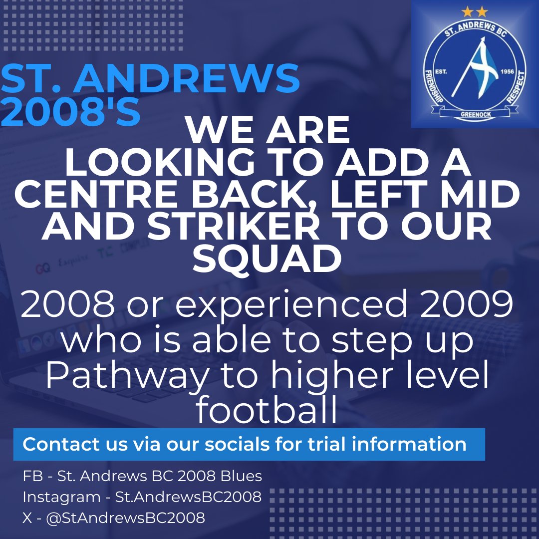 StAndrewsBC2008's tweet photo. We are looking to add a couple of players to our squad get in contact for trial details 🔵⚪🔵⚪ https://t.co/0myY5aDNey