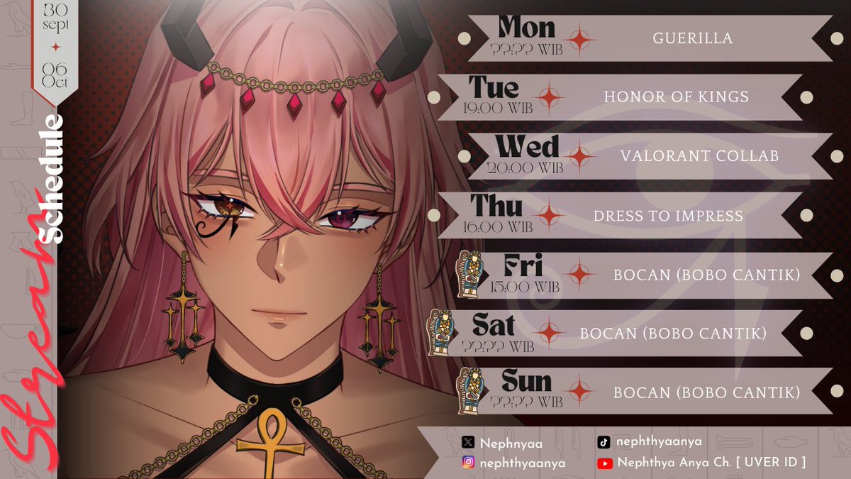 Nephnyaa's tweet photo. ☥Weekly Schedule☥
Hewwoo Nephthyan!
Berikut jadwal dari tanggal 30 Sept-06 Oct 2024. Jadwal bisa berubah sewaktu-waktu ya✨
【Hashtag】
General : #Nephnya
Live : #Neponair
FanArt : #Anyart
Meme : #Nepfool
Clip : #Nepclip
NSFW : #Anyabe https://t.co/eX8GJcBYre