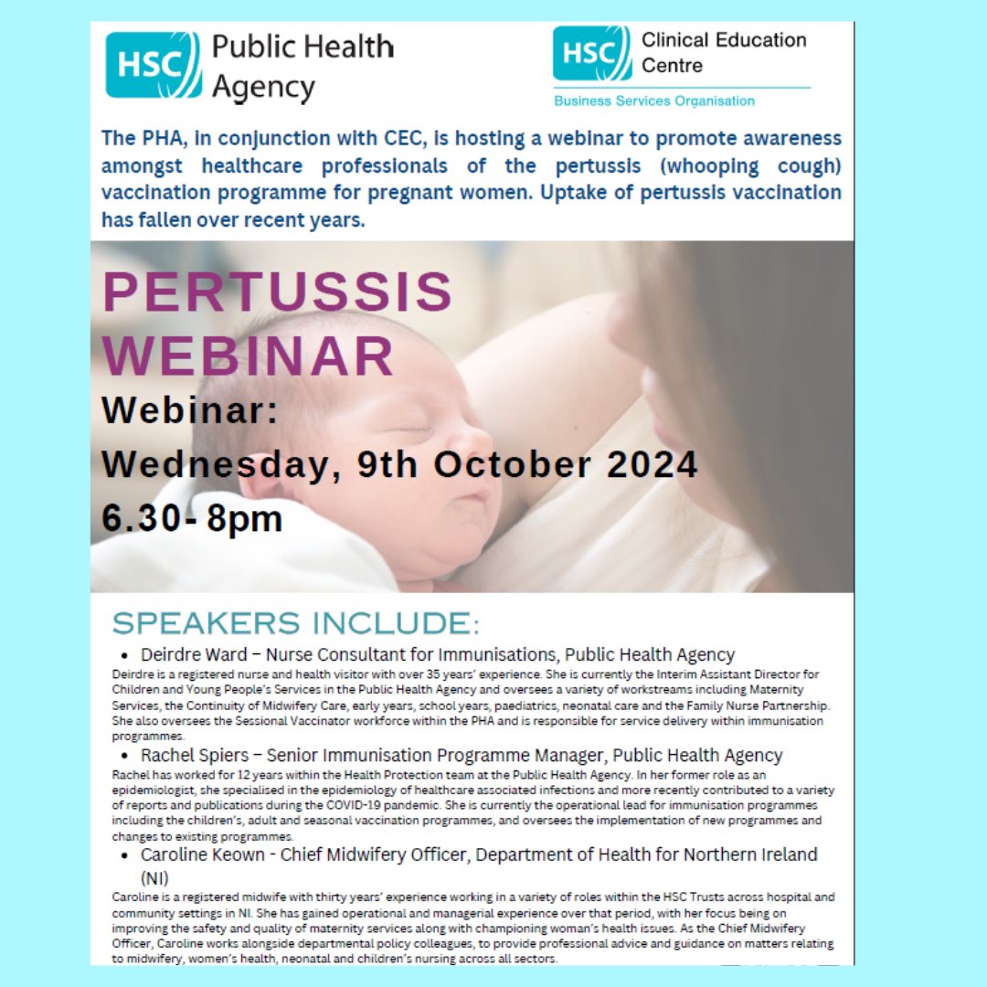 Clinical Education Centre - CEC (@hsccec) on Twitter photo <a href="/HSCCEC/">Clinical Education Centre - CEC</a> and <a href="/publichealthni/">Public Health Agency</a> are pleased to be cohosting a webinar on 9th October to raise awareness on pertussis amongst health and social care staff. Register for the webinar -hscni-net.zoom.us/webinar/regist… <a href="/HSCCEC/">Clinical Education Centre - CEC</a> and <a href="/publichealthni/">Public Health Agency</a> are pleased to be cohosting a webinar on 9th October to raise awareness on pertussis amongst health and social care staff. Register for the webinar -hscni-net.zoom.us/webinar/regist…