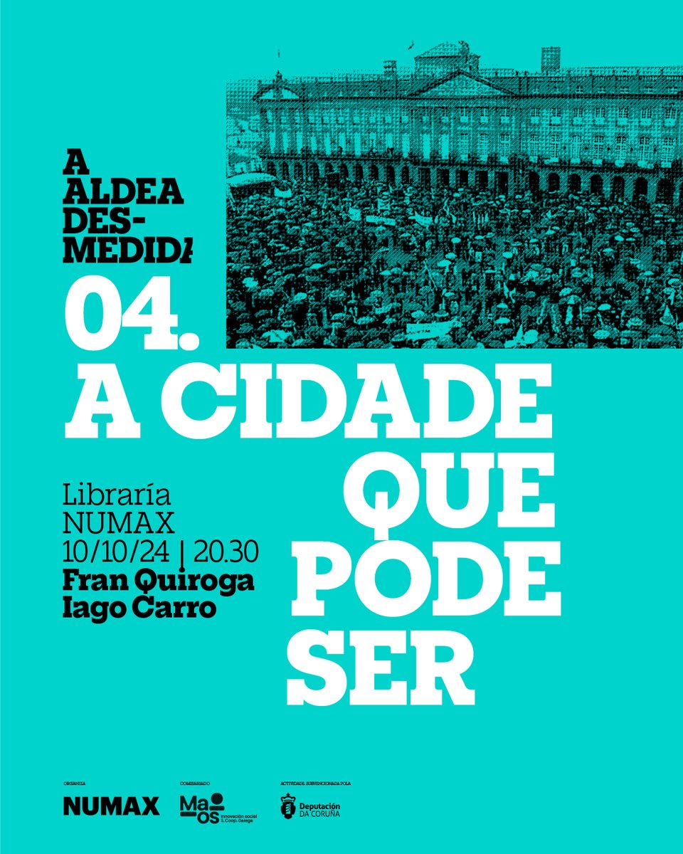 Este xoves día 10 moderaremos a última conversa d'A Aldea Desmedida, que titulamos "A cidade que pode ser", e sobre ese asunto falarán Iago Carro (<a href="/ergosfera_org/">Ergosfera</a>) e Fran Quiroga (@fran_quiroga). Faltar non podes!

📝 Anota ben hora e día que a libraría da <a href="/numaxcoop/">NUMAX</a> logo enche!