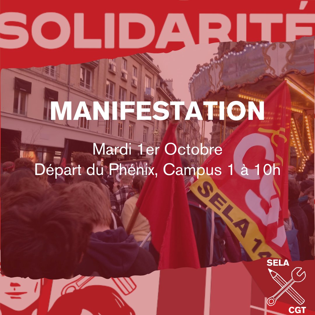 🔴 Ce mardi, manifestation contre le gouvernement réactionnaire de Michel Bernier et pour de nouvelles conquêtes sociales.

Rdv 10h pour un départ du Phénix et 10h 30 Place Saint Pierre pour la manifestation intersyndicale.

Pour organiser le riposte, syndicat et solidarité ! 🤝
