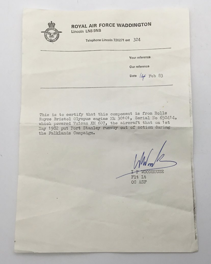 An interesting modern era military collectable: an engine piece from the Vulcan Bomber XM607, the aircraft that put Port Stanley runway out of action during the Falklands War on May 1st 1982.
Complete with letter of provenance.
#VulcanBomber #FalklandsWar
<a href="/HansonsUK/">Hansons Auctioneers</a>