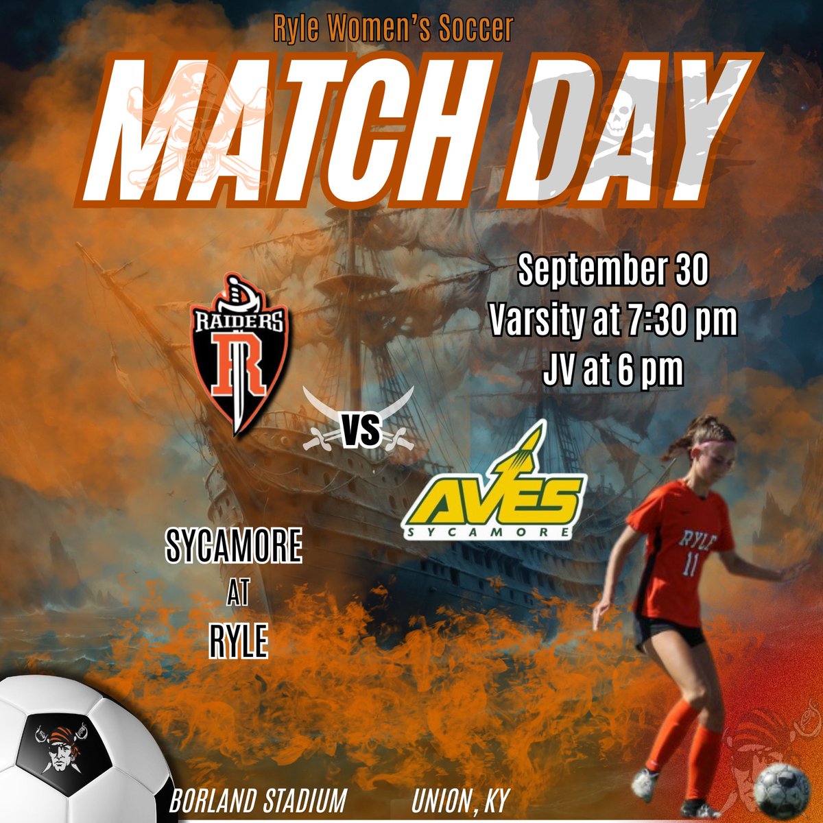 Come out to Borland Stadium for an exciting Monday Night Match against the Sycamore Aviators! Protect the ship!⚽️⚔️🏴‍☠️ 
Junior Varsity at 6 PM
Varsity at 7:30 PM
ONE HEART
ONE MIND
ONE PROGRAM 
#HOORAH