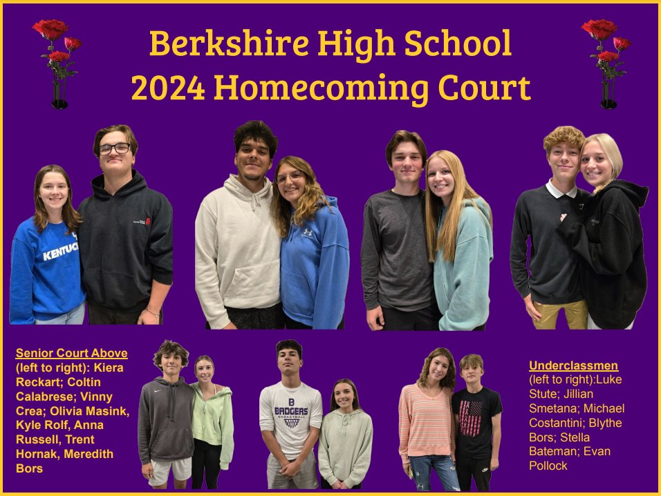 Berkshire_BHS's tweet photo. Your 2024 Berkshire High School Homecoming Court. Red Carpet and Roses – A Hollywood event, Saturday, October 12, 7:15 - 10:30 p.m. https://t.co/k13xW6u2XV