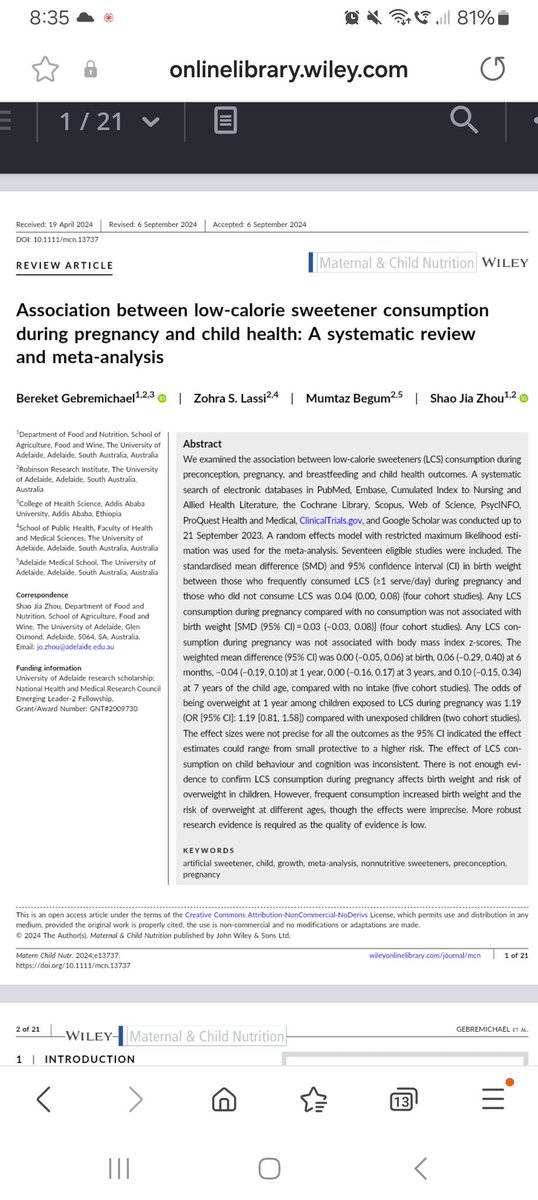 Dr Mumtaz Manzoor (@mumtaz_uoa) on Twitter photo Association between low-calorie sweetener consumption during pregnancy and child health: A systematic review and meta-analysis
This important study from
<a href="/BereketMichaelG/">Bereket Gmichael</a> project is out now !!
<a href="/BereketMichaelG/">Bereket Gmichael</a>
<a href="/ZohraLassi/">Zohra Lassi PhD - زہرہ</a>
<a href="/mumtaz_uoa/">Dr Mumtaz Manzoor</a>
Shao Jia Zhou
onlinelibrary.wiley.com/doi/10.1111/mc… Association between low-calorie sweetener consumption during pregnancy and child health: A systematic review and meta-analysis
This important study from
<a href="/BereketMichaelG/">Bereket Gmichael</a> project is out now !!
<a href="/BereketMichaelG/">Bereket Gmichael</a>
<a href="/ZohraLassi/">Zohra Lassi PhD - زہرہ</a>
<a href="/mumtaz_uoa/">Dr Mumtaz Manzoor</a>
Shao Jia Zhou
onlinelibrary.wiley.com/doi/10.1111/mc…