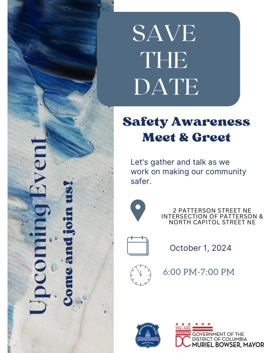 🗓️MPD rescheduled the public safety walk in NoMa to October 1st at 6 pm. See the flyer for more details!