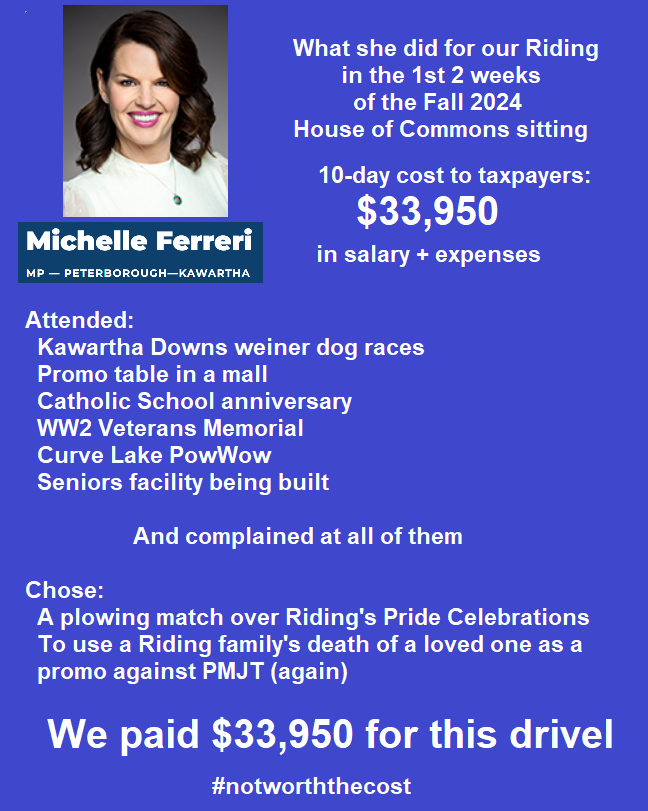 shelearn's tweet image. It really is upside down, after 2 weeks away, what we pay for vs what we get from our #Ptbo MP @mferreriptbokaw. What she's cost us in the last 2 weeks is most Riding voters' entire annual income.
Can't bear to watch or listen to any of her videos.