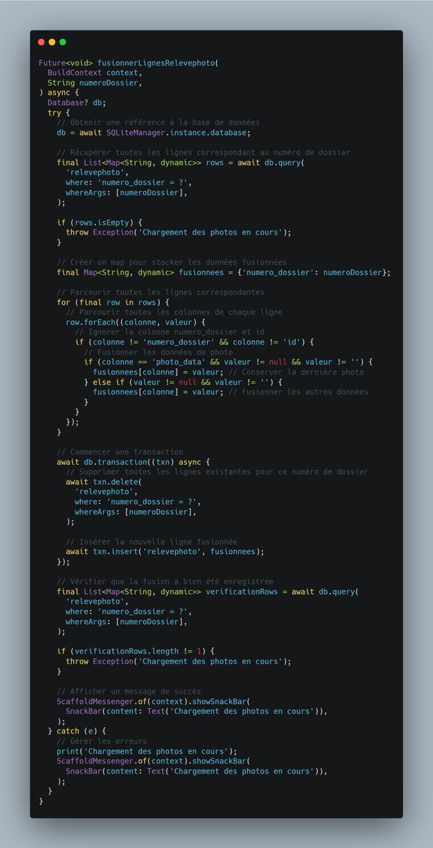 Tu es dev <a href="/flutterflow/">FlutterFlow</a> et tu utilises SQLite pour ta DB hors ligne ?  
Voici une custom action qui va :
📊 Fusionne les lignes par dossier 
🔄 Gère les transactions 
🖼️ Conserve la dernière photo 
⚡ Améliore les performances
#MobileDev #SQLite #FlutterTips #flutterflow