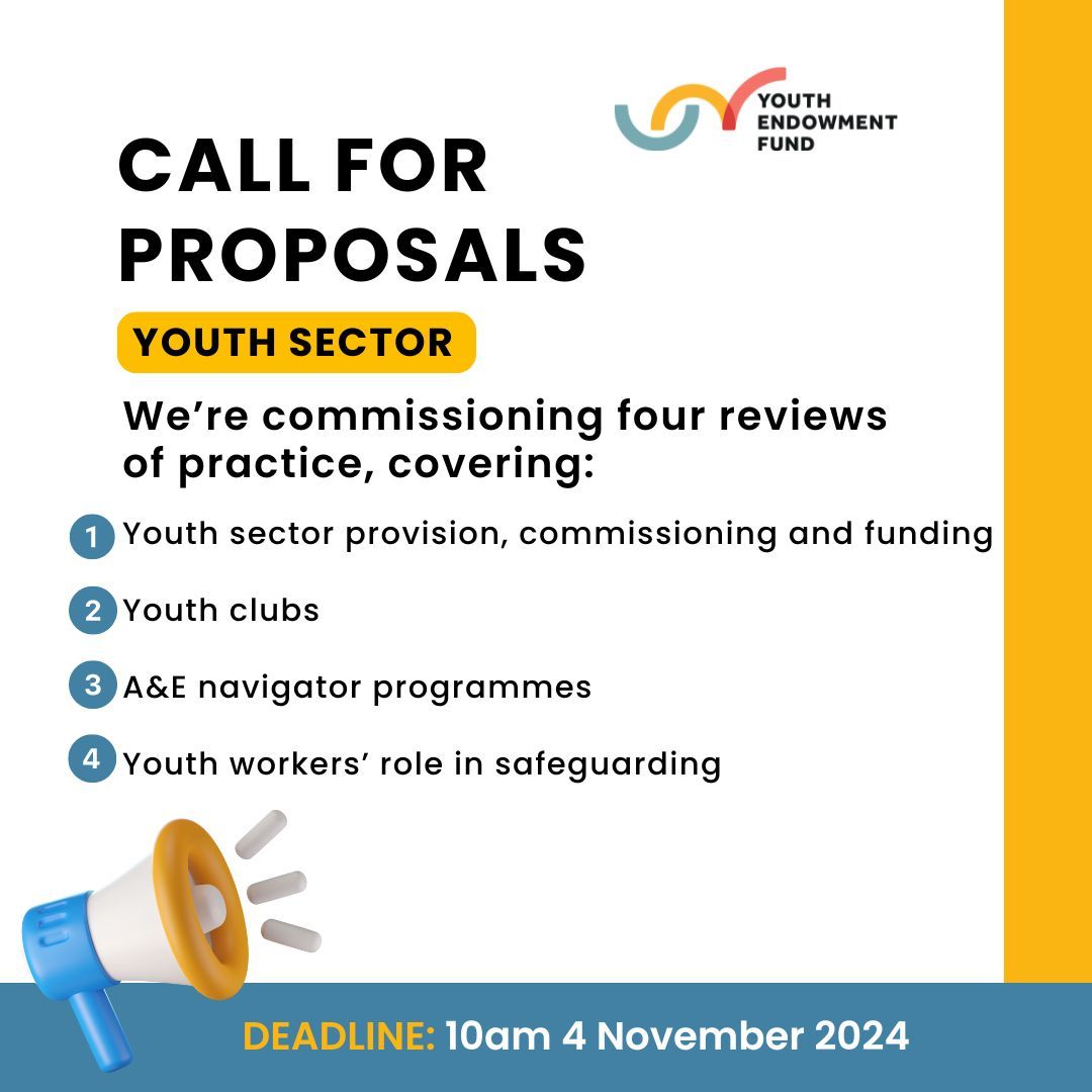 📣 NEW: Call for proposals #YouthSector

We're currently commissioning four reviews of practice in the youth sector covering:

1️⃣ Youth sector provision, commissioning and funding
2️⃣ Youth clubs
3️⃣ A&amp;E navigators
4️⃣ Youth workers and safeguarding

The deadline for applications