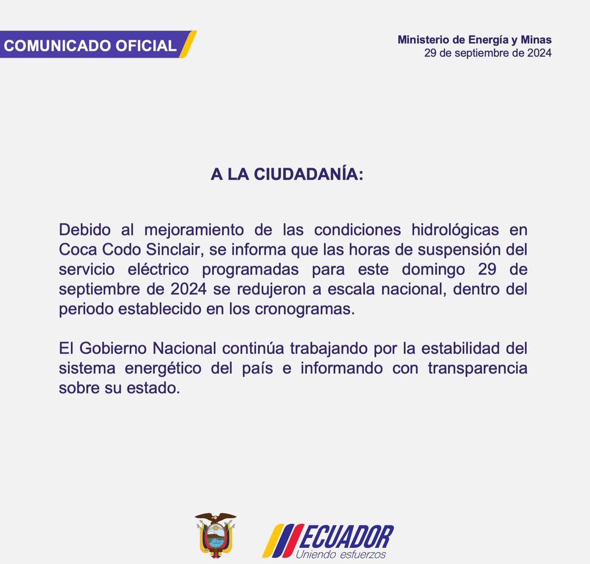 RRueda_Ermel's tweet image. 🆘ELEFANTE BLANCO CON 7 MIL FISURAS, REDUCE CORTES DE ENERGÍA ELÉCTRICA🆘🆘
#InversiónInteligente
Se reducen los horarios de racionamientos. Gracias a la capacidad de producción de #CocaCodoSinclair, por el mejoramiento de los caudales, a través de las lluvias.
