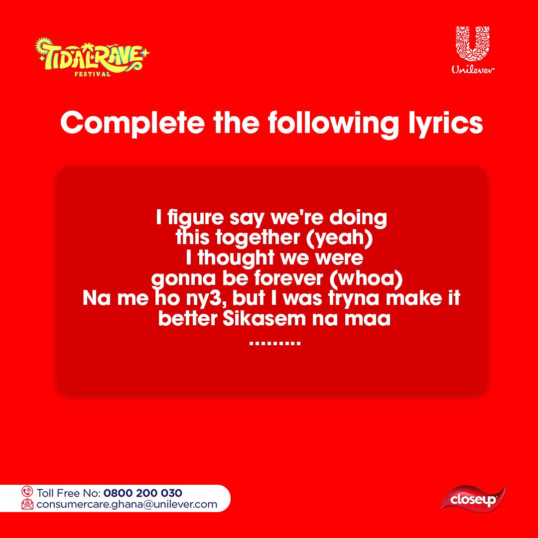 CloseupGhana's tweet photo. Test your music knowledge. Finish these lyrics๐ค
Consumer care line: Toll-free (0800200030)
Email: (Consumercare.Ghana@unilever.com)
#Closeup #CompleteFreshProtection #RaveWithYourFave https://t.co/TFNY5S9B1C