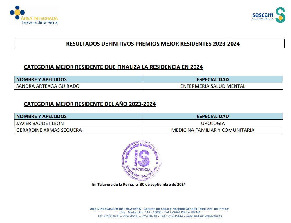 👏👏Felicitaciones a las premiadas y premiado 👏👏
Nos vemos el día 8 de octubre martes en el salón de actos del HGUNSP para la entrega de los premios.