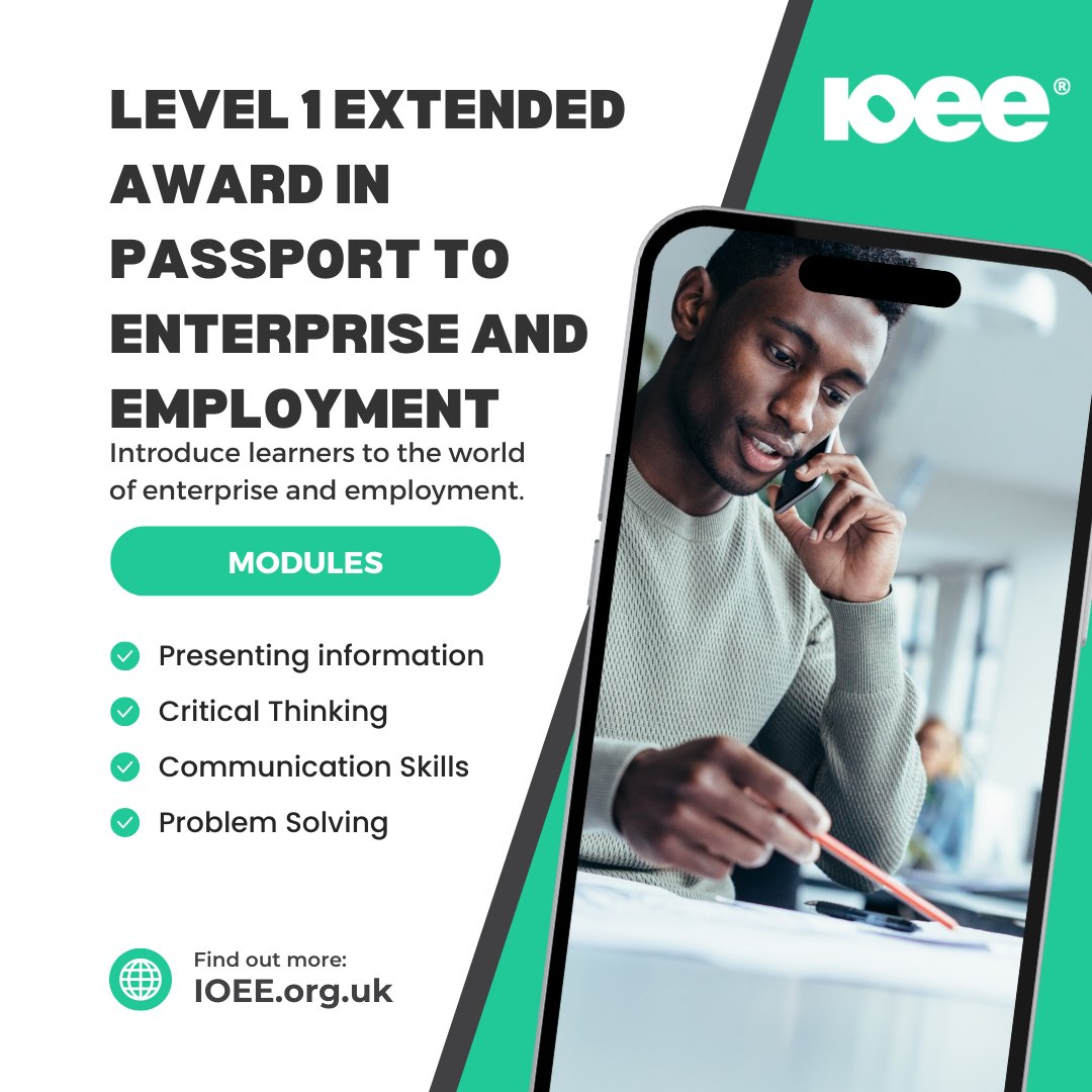 Our Level 1 Extended award in Passport to #Enterprise and #Employment is a real show stopper.

Head to ioee.org.uk to find out more about #academy status and how you can incorporate the level 1 extended award in passport into your roster!