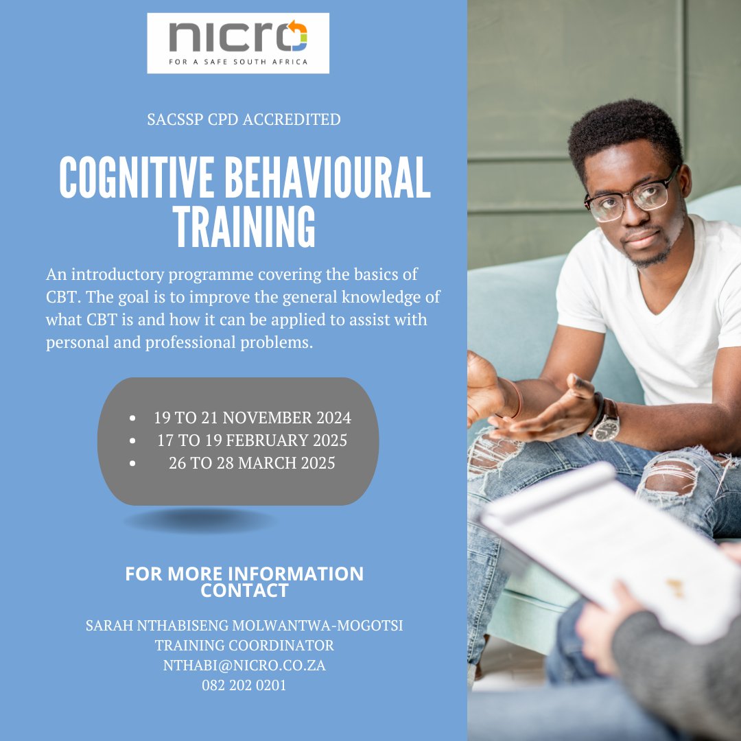 NICRO_'s tweet image. We are kicking off mental health month with an invitation to all mental health professionals to register for our CPD accredited CBT course. It will be run nationally on the dates pictured.

Please register via the link:
forms.office.com/Pages/Response…

#mentalhealthmatters #CPDAccredited