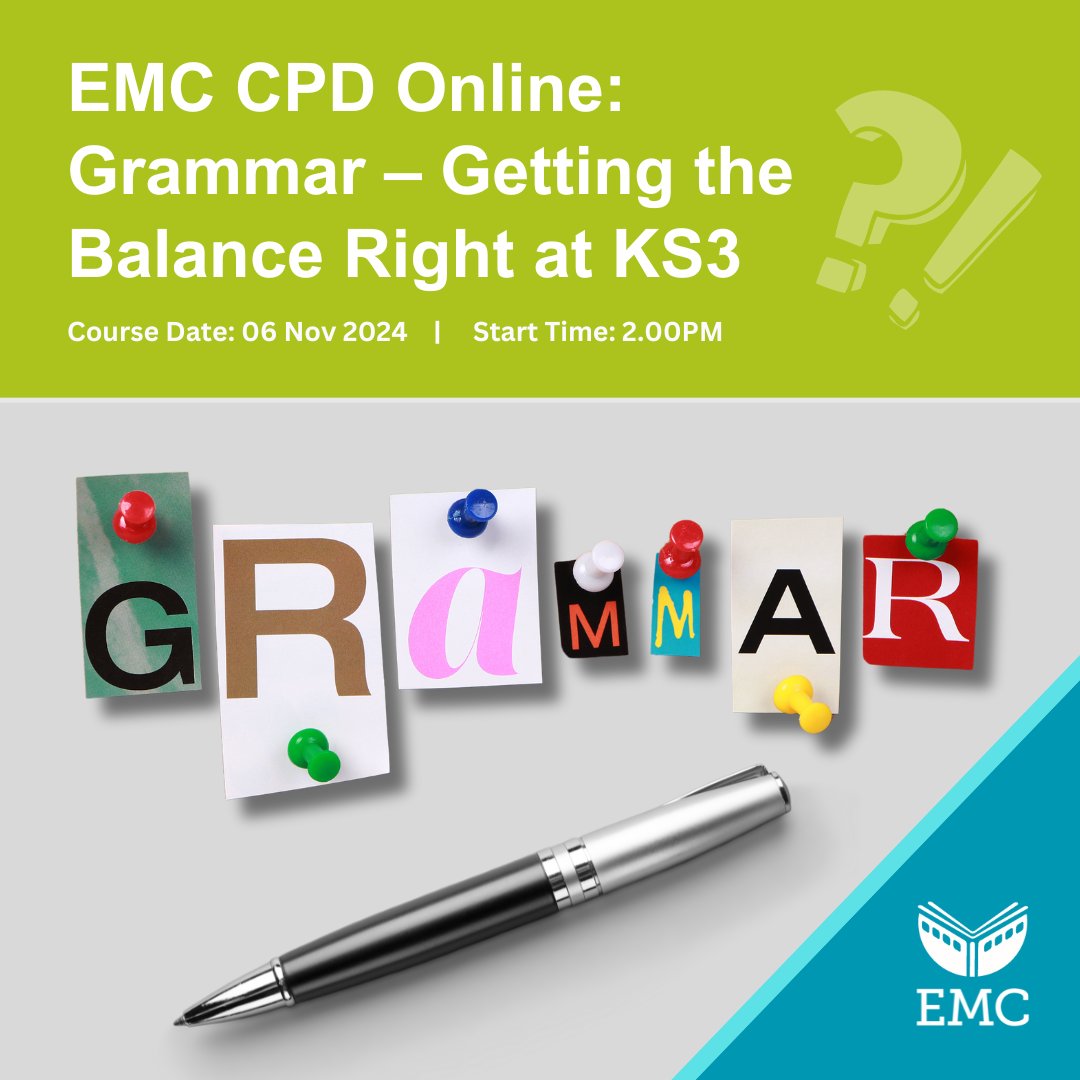 EMC CPD Online: Grammar – Getting the Balance Right at KS3 (6.11.24)

Andrew cuts through the myths and misconceptions to help you get your grammar teaching right at KS3.

Book your place by 8.00am on 4 Nov 
tinyurl.com/454u4tzp
<a href="/AndrewEMC/">Andrew McCallum</a>