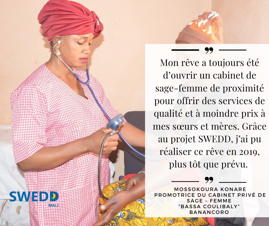 #SWEDDMali_Impact #SWEDDHeroines 
Pour réduire le déficit de sages-femmes et adresser leur inégale répartition, le SWEDD – Mali a accompagné en 2019, l’installation de 15 cabinets privés de sage – femme dans des zones péri-urbaines à faible couverture sanitaire.