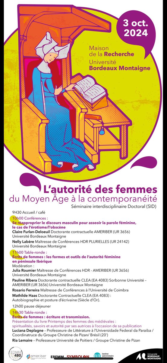 EREMM- Recherche sur l'Espagne Médiévale & Moderne (@eremm_ubm) on Twitter photo Journée d’étude : « L’autorité des femmes du Moyen Âge à la contemporanéité »
Organisation : Claire Furlan-Deloeuil, Pauline Ribera et Julia Roumier (<a href="/RoumierJulia/">Julia Roumier</a>)
📍🗓️ Ce jeudi 3 octobre à l’<a href="/UBMontaigne/">Université Bordeaux Montaigne</a> (Maison de la Recherche) ou en ligne Journée d’étude : « L’autorité des femmes du Moyen Âge à la contemporanéité »
Organisation : Claire Furlan-Deloeuil, Pauline Ribera et Julia Roumier (<a href="/RoumierJulia/">Julia Roumier</a>)
📍🗓️ Ce jeudi 3 octobre à l’<a href="/UBMontaigne/">Université Bordeaux Montaigne</a> (Maison de la Recherche) ou en ligne