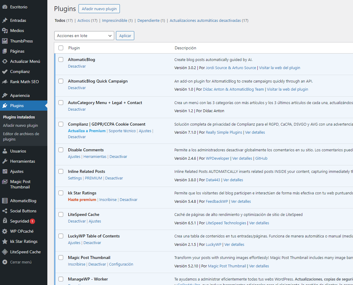 Plugins que usaré para #100nichos

- AItomaticBlog
- AutoCategory Menu
- Complianz
- Inline Related Posts
- kk Star Ratings
- LiteSpeed Cache
- LuckyWP ToC
- Magic Post Thumbnail
- Rank Math SEO
- Really Simple Security
- Redis Object Cache
- Simple Social Buttons
- ThumbPress