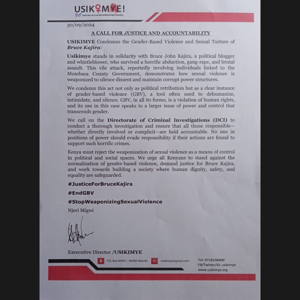 usikimye's tweet photo. Bruce Kajira is an activist who spoke against Mombasa county embezzlement of funds.

He was kidnapped by a gang of 20 men and they took him across Nyali Beach where he was beaten , sodomized &amp; filmed. He was told to keep silent or the videos would be released.

1/3 https://t.co/zRCJ4ztIfT