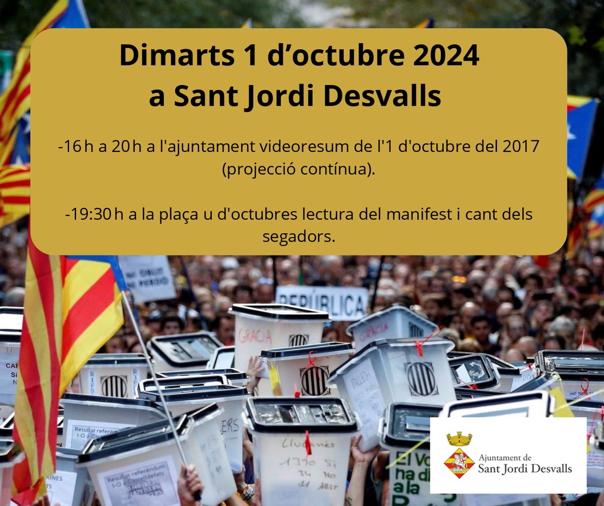 El proper dimarts 1 d'Octubre commemorem el referèndum de 2017 amb un acte popular i participatiu. 

de 16h a 20h videoresum dels fets de 2017 a l'Ajuntament.

a les 19:30h lectura participativa del manifest i cant dels segadors.

Veniu a llegir el manifest amb nosaltres!