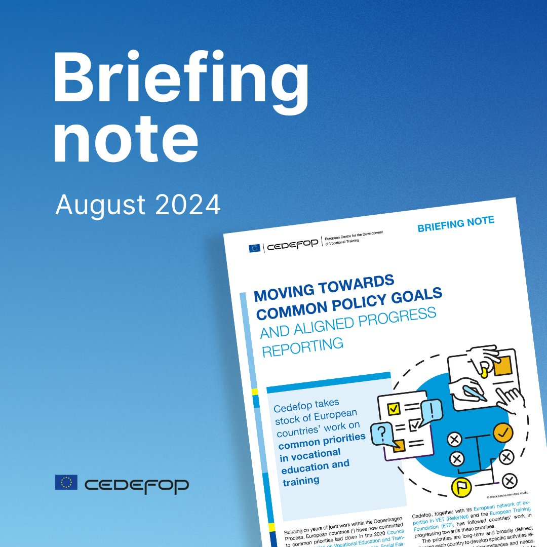 Cedefop's tweet photo. With its latest "Moving towards common policy goals &amp; aligned progress reporting", Cedefop takes stock of European countries’ work on common priorities in #vocationaleducation &amp; training #VET.
Download the #briefingnote 👉https://t.co/Sodqgv7yyO
#ReferNet #OsnabrückDeclaration https://t.co/onW2IojIIz