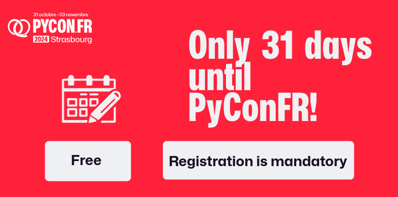 🇬🇧 Take part in #PyConFR 2024 from 31 October to 3 November to code together during the sprints and learn and discuss a range of topics during the conferences! Free and mandatory registration, reserve your place now! 🐍

Register via: lstu.fr/Pzp8wu6M