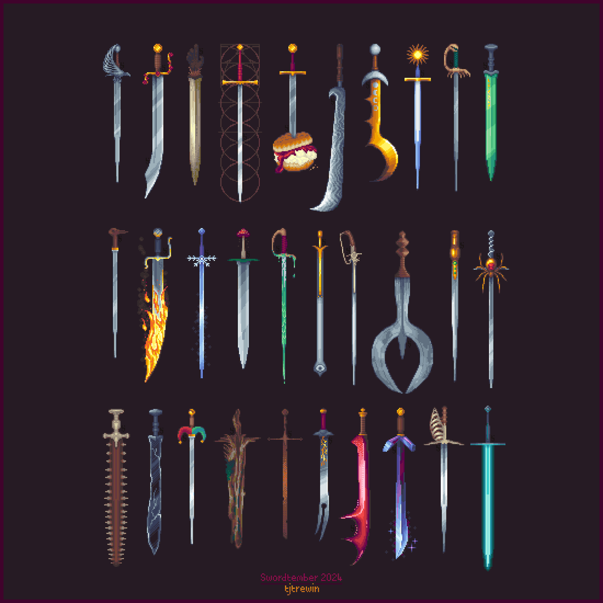 tjtrewin's tweet photo. Swordtember 2024 complete!🙌🎉

I drew 30 pixel art swords this month and had an absolute blast doing it :D

Which were your favourites?

#swordtember2024 #Swordtember #PixelArt https://t.co/MFPYHohUQx
