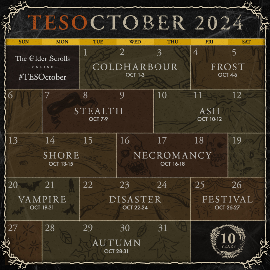 TESOctober is here! 🖌️🍂 This year, we've planned 10 thematic prompts that chronicle 10 years of ESO. Can you guess which each refers to? 🤔 Post your fan art, screenshots, and other creative works using the #TESOctober hashtag. We can't wait to see what you come up with. #ESO10