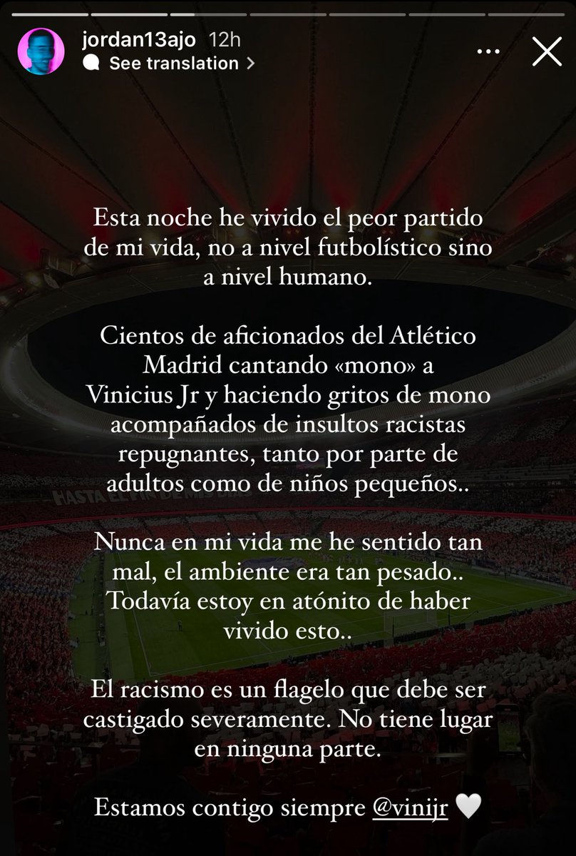 🚨⚪️ <a href="/jordan13ajo/">Jordan 🥷🏼📸</a>, professional photographer:

Tonight I experienced the worst game of my life, not on a football level but on a human level.

Hundreds of Atlético Madrid fans chanting “Monk*y” towards Vinicius Jr., making monkey noises with disgusting racist insults, by both