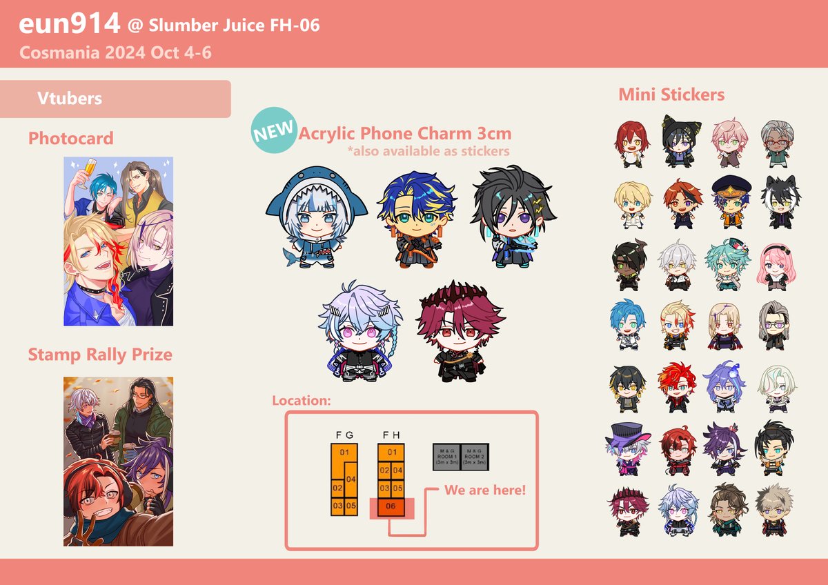 [RTs 🥹🙏]

Hello! Merch catalogue for #CosplayMania2024 
I'll be at FH-06 along with <a href="/Slumberjuice/">Slumber Juice | CosMatsu FI-01 💥 LADS Stamp Rally</a> girlies, please come drop by! 

Also open for reservations, send me a DM with your name, the day to pick up, and which merch. Thank you!🌼 #FanFairAtCosplayMania2024