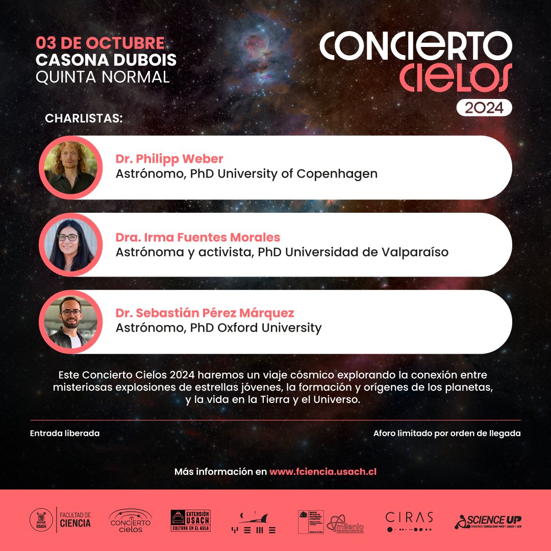 🌌🚀 ¡Este jueves 3 de octubre, vive #ConciertoCielos en @casonadubois a las 19:00! Un viaje cósmico con ciencia y música de Orquesta Usach y Du Octantis 🎶✨

🎟️ Aforo limitado, entradas gratis: bit.ly/3BjwOzr

📍Ayuntamiento #1650, Quinta Normal