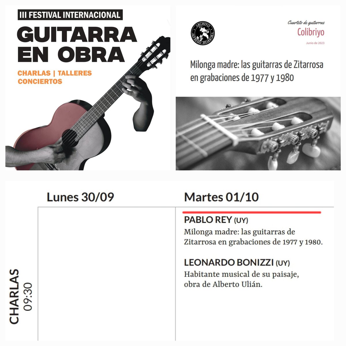 Este 1 de octubre, PABLO REY estará dando una charla, en el Festival Internacional Guitarra sobre proyecto:

“Milonga madre: las guitarras de Zitarrosa en grabaciones de 1977 y 1980”

en colaboración con
Cuarteto Colibriyo
Julio Cobelli
Archivo Zitarrosa
 artes.udelar.edu.uy/actividad/iii-…