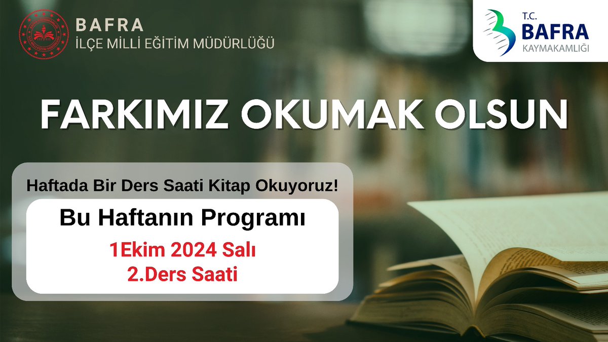 Kitaplar aynalardır; onlarda yalnızca zaten içinizde olanı görürsünüz.

Müdürlüğümüzün #FarkımızOkumakOlsun projesi 1 Ekim 2024 Salı günü 2.ders saatinde kitap okuma heyecanıyla devam edecek. 

<a href="/tcmeb/">Millî Eğitim Bakanlığı</a> 
<a href="/samsunmem/">Samsun İl Milli Eğitim Müdürlüğü</a> 
<a href="/muratagar60/">Murat AĞAR</a> 
<a href="/mehmetdegermenc/">Mehmet Değermenci</a>