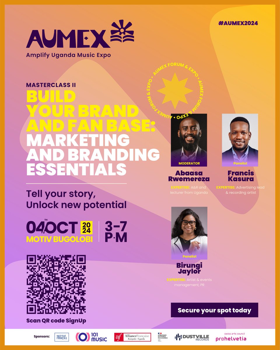 Ready to build your brand and grow your fanbase? We’re excited to announce the panelists for our next AUMEX Masterclass: "Marketing &amp; Branding Essentials!"
<a href="/Sirjaylor/">JAYLOR BIRUNGI</a>
<a href="/jrkasura/">Kasura francis</a>
<a href="/AbaasaR/">a b a a s a</a>
🗓️ 4th Oct 2024 📷 Limited spots! : shorturl.at/0PbFQ #AUMEX2024