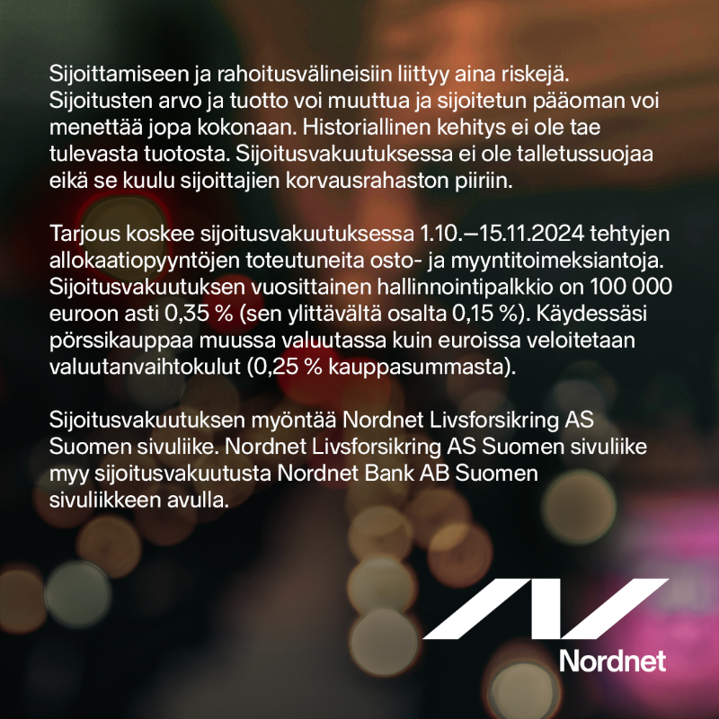 nordnetFI's tweet photo. Juhlistaaksemme Nordnet Sijoitusvakuutuksen ensimmäistä vuotta tarjoamme pörssisijoitukset sijoitusvakuutuksessa ilman välityspalkkiota. För att fira Nordnet Placeringsförsäkringens första år bjuder vi på fritt courtage för börsinvesteringar som görs i placeringsförsäkringen. 🎉
