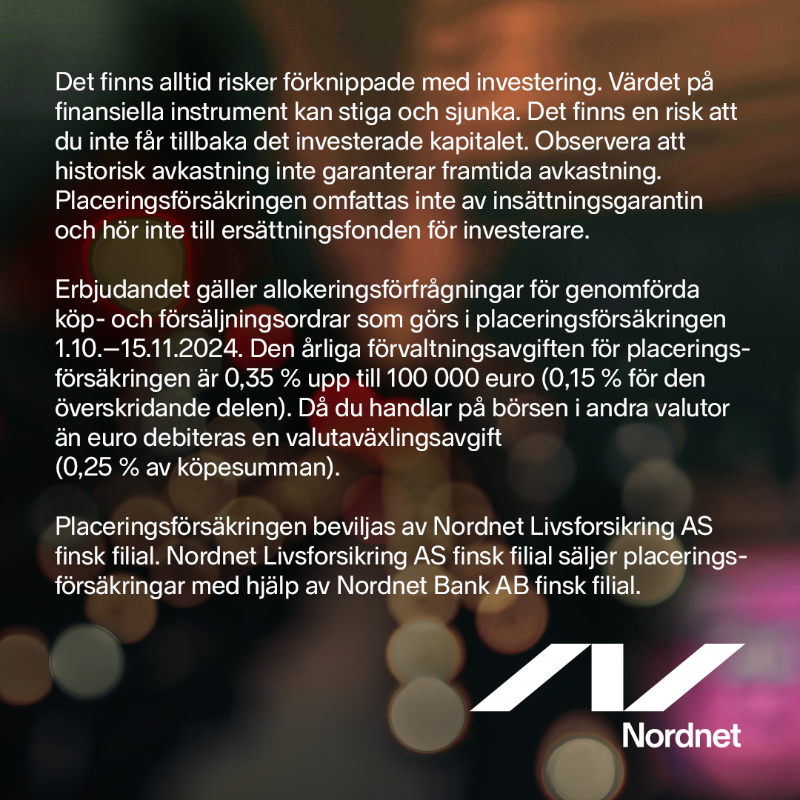 nordnetFI's tweet photo. Juhlistaaksemme Nordnet Sijoitusvakuutuksen ensimmäistä vuotta tarjoamme pörssisijoitukset sijoitusvakuutuksessa ilman välityspalkkiota. För att fira Nordnet Placeringsförsäkringens första år bjuder vi på fritt courtage för börsinvesteringar som görs i placeringsförsäkringen. 🎉